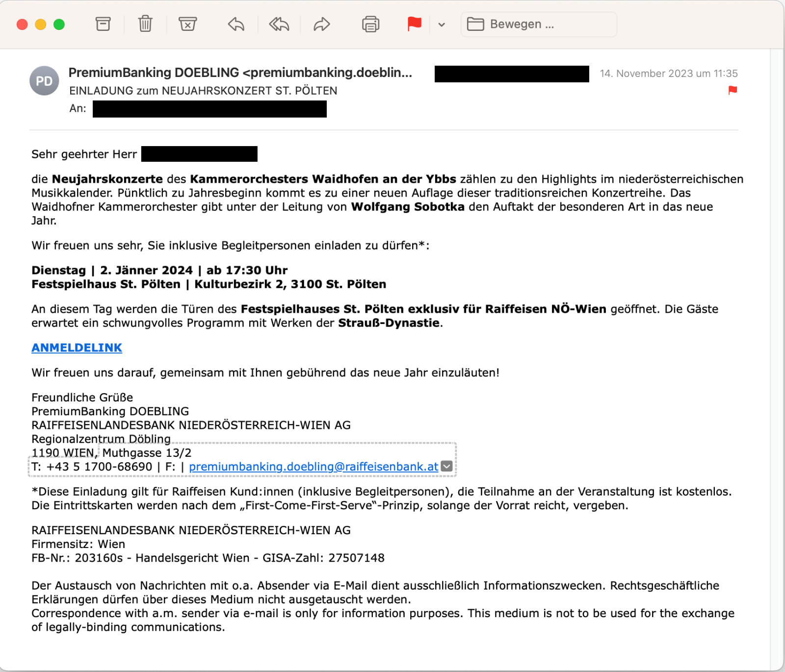 Emaileinladung zum Neujahrskonzert der Raiffeisen Landesbank NÖ-Wien.